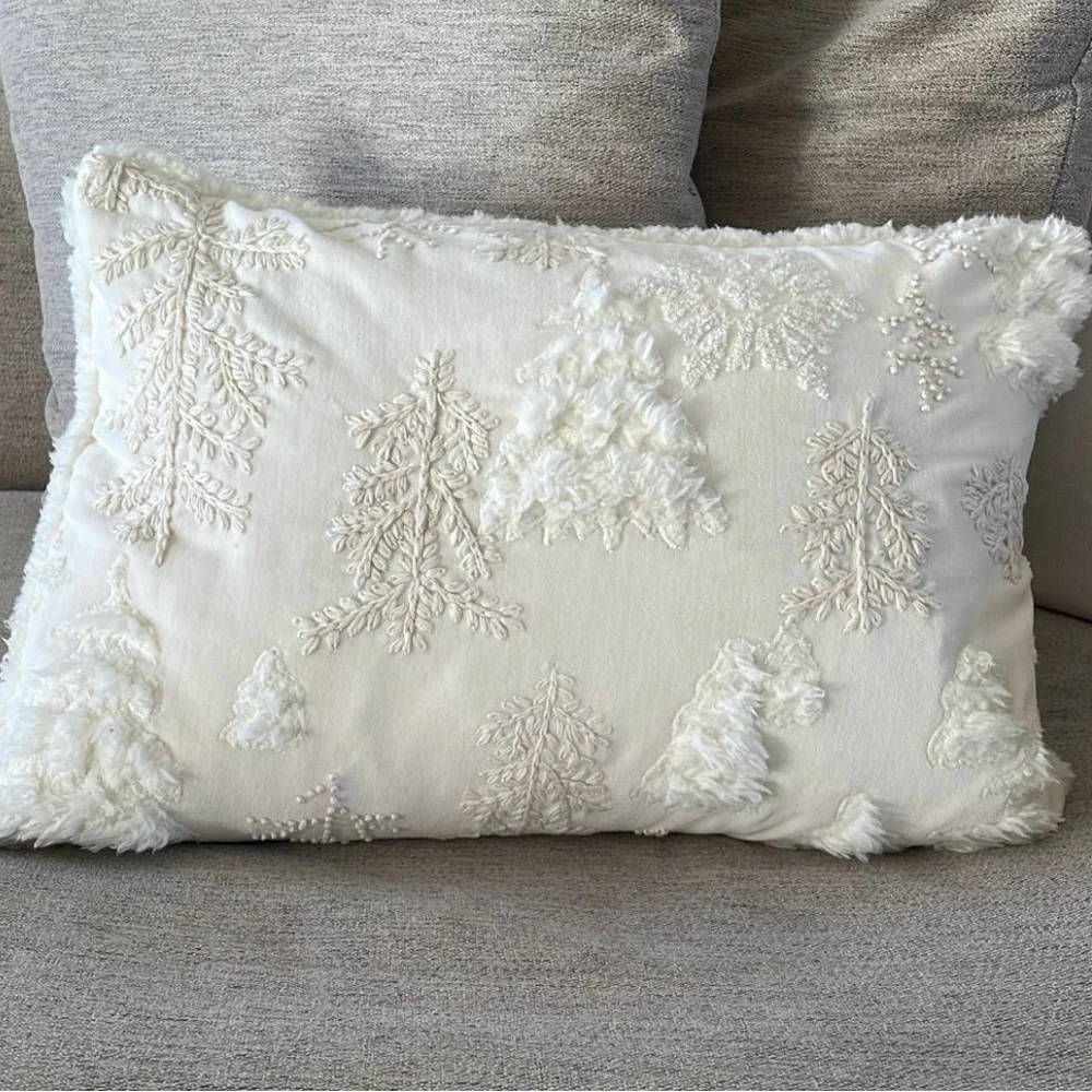New Pottery Barn Cream Holiday Pillow with Textured Trees Pillow Cover - Picture 1 of 5